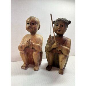 Asian/Chinese Man and Woman Carved Wood Figures Fishing Couple Book Ends